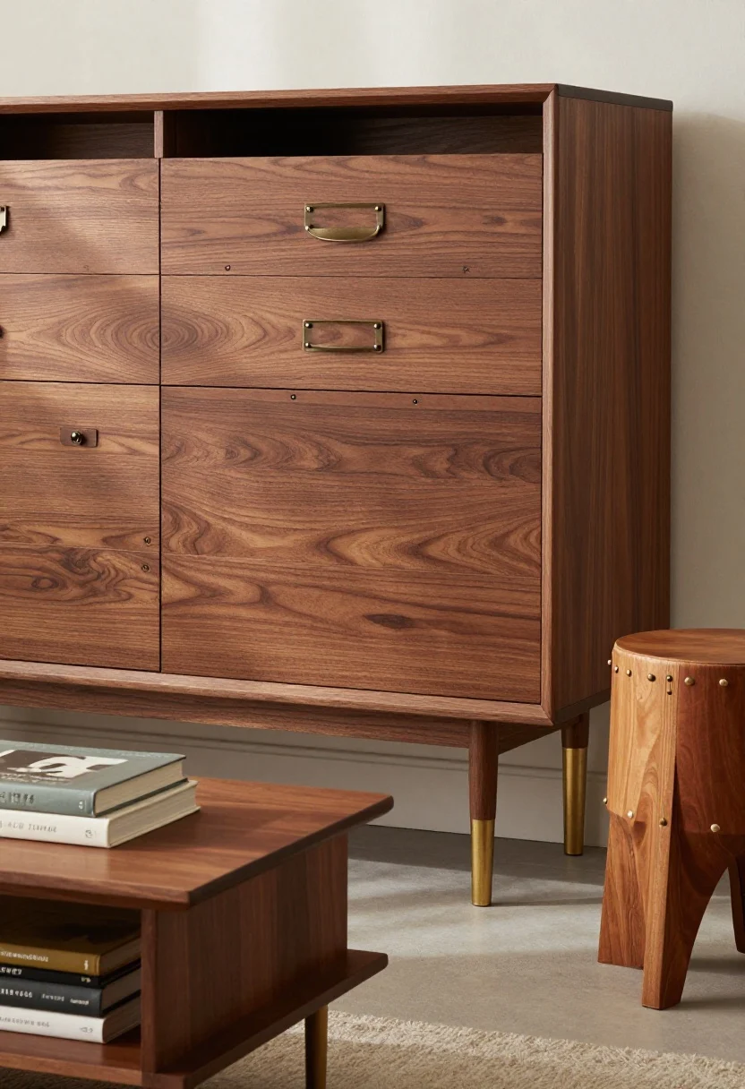 Medium shot, craftsmanship-focused case goods: a walnut secretary desk with dovetail joints and properly weighted hardware, a low mahogany credenza, and mismatched harmonious side tables (one brass pedestal, one wood tripod, one leather-top drum); a wood coffee table with lower shelf stacked with books; finishes matte, no fake aging, subtle natural daylight raking across surfaces to reveal grain and joinery, photorealistic, oblique angle