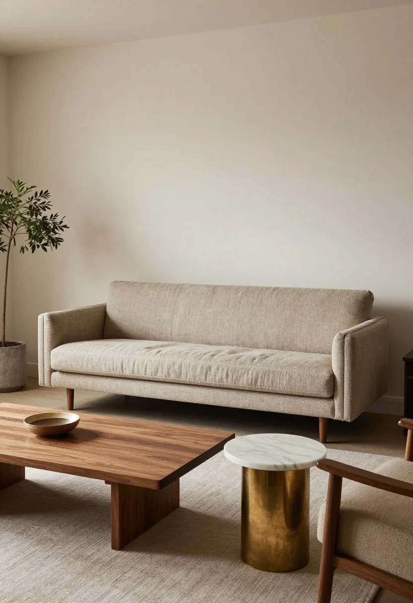 Medium shot, curated living room vignette showing “fewer, better” pieces: a single tailored English roll-arm sofa in textured mushroom linen, paired with two lighter open-frame armchairs; a solid walnut wood coffee table with a low profile and a honed marble side table in aged brass base; balanced silhouettes, no clutter, natural afternoon light with soft shadows, quiet confidence mood, photorealistic, straight-on angle