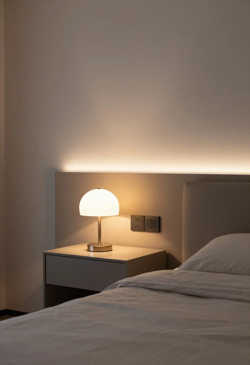 Medium shot focusing on the easiest upgrade—lighting swap: a warm table lamp on a nightstand, LED strip lights softly glowing behind a bed headboard and along the back of a desk, and a visible dimmer switch on the wall; the room transitions from cool overheads to cozy, amber-toned illumination; reflective surfaces subtly amplifying the glow; no people, tidy and modern.