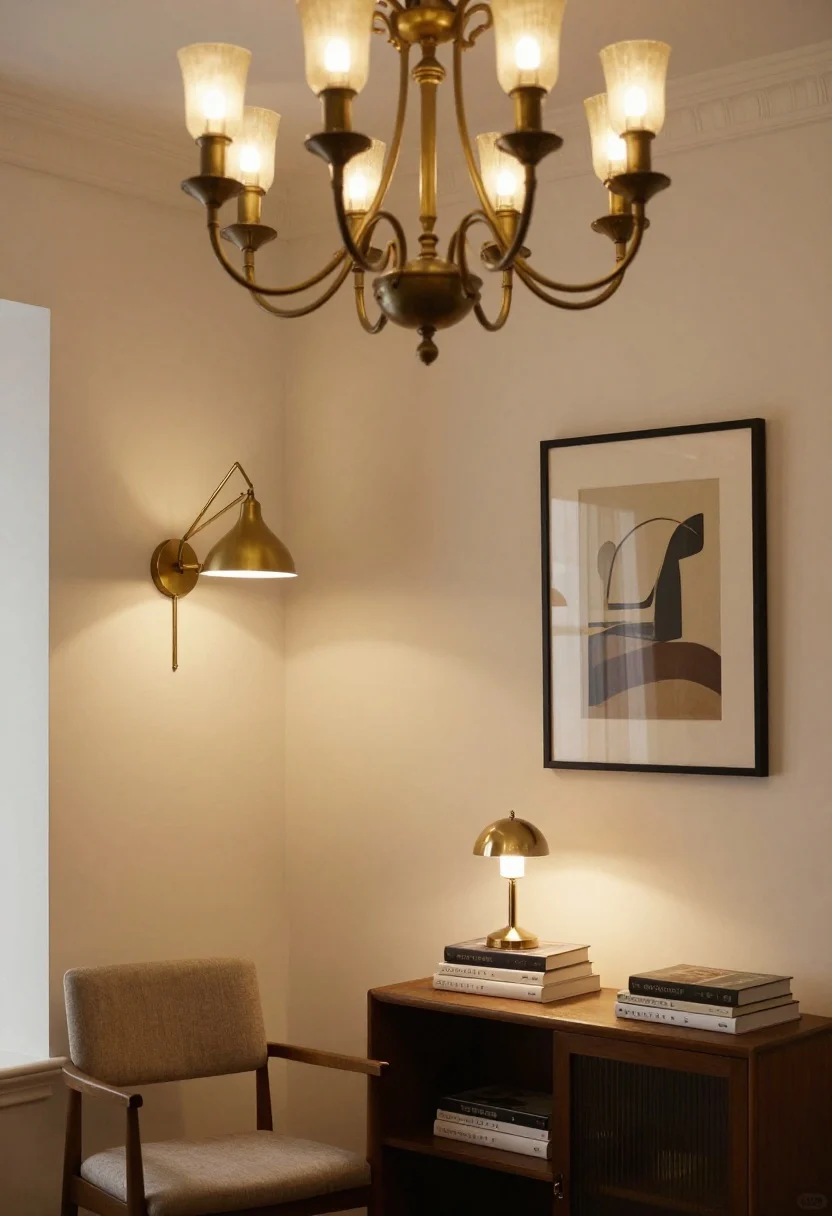 Medium shot, layered lighting composition: shaded chandelier overhead dimmed warm (2700–3000K), brass library lamp on a side table by a reading chair, a swing-arm sconce on the wall, and a slim picture light over framed art; small lamp perched on a stack of books on a console; overall glow with visible dimmers, no harsh hotspots, photorealistic, three-quarter room view emphasizing multiple light heights