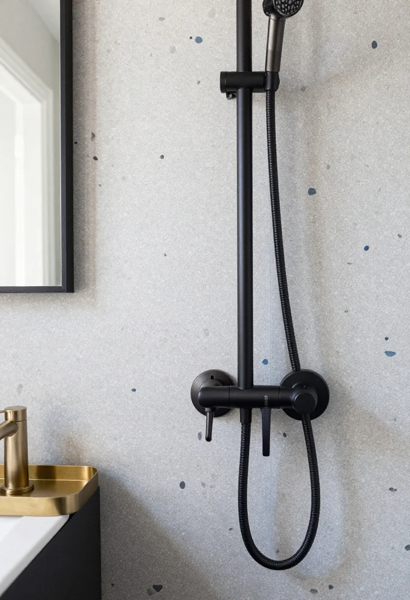 Medium shot: Mixed-metal bathroom vignette that feels curated, not matchy—brushed nickel as the anchor on the faucet and shower controls, matte black towel bars as the accent, and a small brass vanity tray adding a warm touch. Terrazzo backdrop with cool gray and blue chips to harmonize with nickel and black; a framed mirror with a polished edge contrasts against a matte faucet for texture balance. Even, flattering light, straight-on composition.