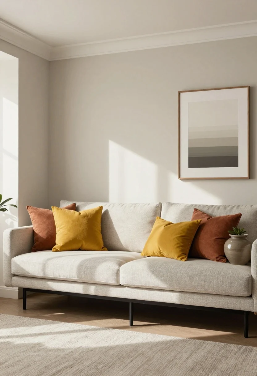 Medium shot of a living space showcasing the 3-2-1 color story: base neutrals of warm greige walls, white trim, and black metal accents; supporting hues of sage and clay in pillows and a throw; a single bold mustard pop repeated three times—a mustard pillow, a ceramic planter, and a small detail in wall art; tonal gradients in the sage accessories; minimal art prints and planters completing the palette; bright natural light with gentle shadows.