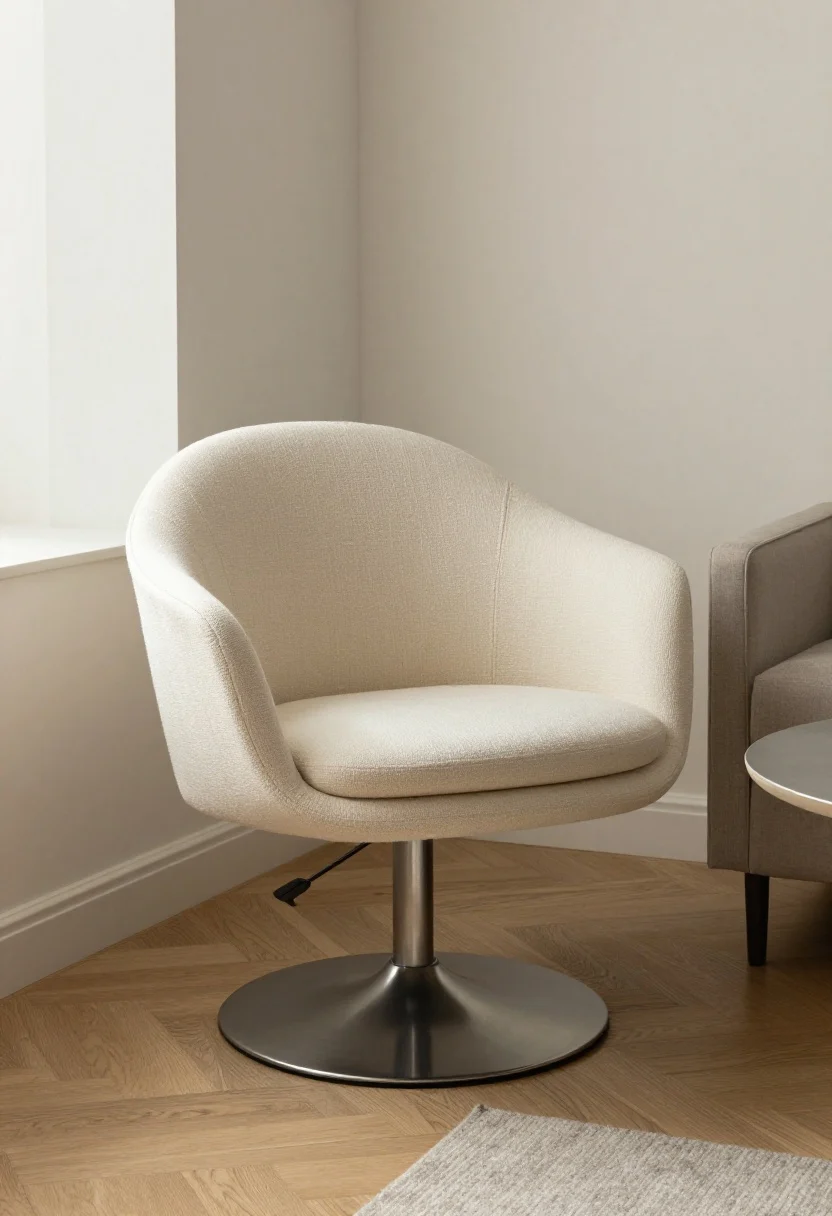 Medium shot of a petite barrel swivel chair (diameter under 32 inches) in a compact apartment den, with a rounded 360-degree curve and low-profile back that hits mid-shoulder. The sturdy metal swivel base tucks neatly into a corner and is angled 30 degrees toward a small sofa. Soft, even lighting highlights the compact proportions; include a small round side table nearby but not obstructing the swivel. Emphasize the smooth barrel back and scale fit. Photorealistic, no people.