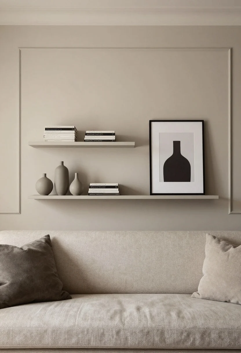 Medium, straight-on view of a statement wall behind a sofa: architectural wall molding panels painted the same neutral as the wall, with a clean floating shelf system; styling features a monochrome theme—three similar vases, two neat book stacks, and one framed print—colors repeated in a pillow and a vase; generous negative space between objects; overall minimal clutter, strong focal point; soft side lighting to add depth.
