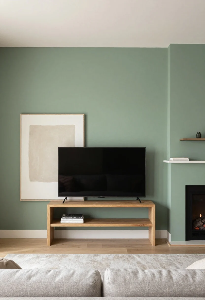 Medium-wide living space composition: a room with a single sage green accent wall chosen for impact—the wall behind a sofa—styled to avoid “black box dominance”; place a slim wood console beneath a wall-mounted TV, layered with an oversized neutral abstract art leaning beside the TV; show alternative anchor options in the same frame: a fireplace on an adjacent wall and a small gallery shelf start on the sage wall; clean lines, soft natural daylight; include note of small-room strategy by making the painted wall the shortest wall to add depth; modern airy feel, straight-on view.