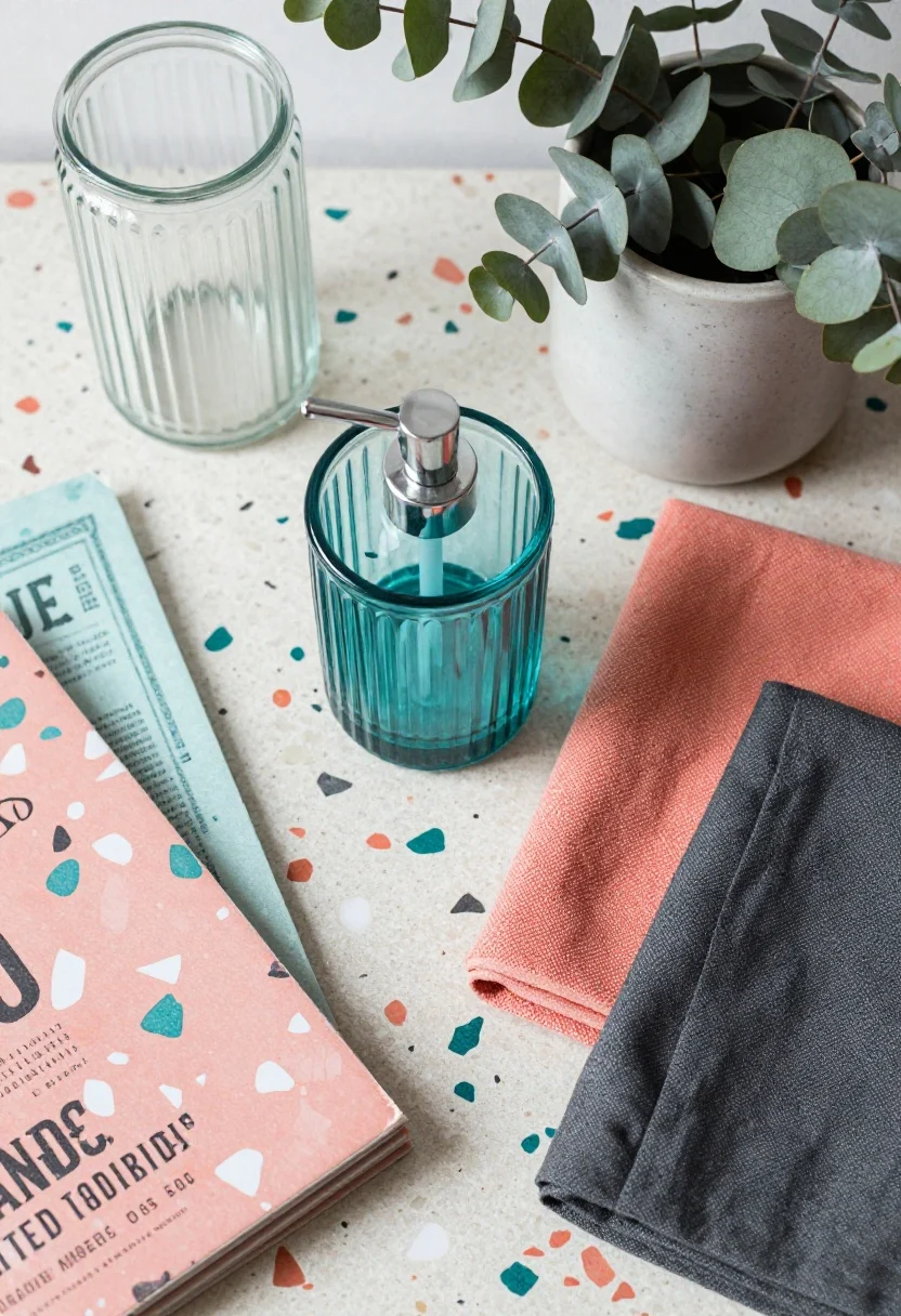 Overhead detail shot: A color-forward accessory story pulled from terrazzo chips. Terrazzo surface with coral, teal, and white flecks; styled with coral hand towels, a teal glass soap dispenser, and a vintage-style graphic print partially visible. Fluted ribbed glass canisters and a ceramic planter with eucalyptus leaves for texture play. Monochrome charcoal linens folded nearby for contrast. Soft natural light highlighting textures and colors.