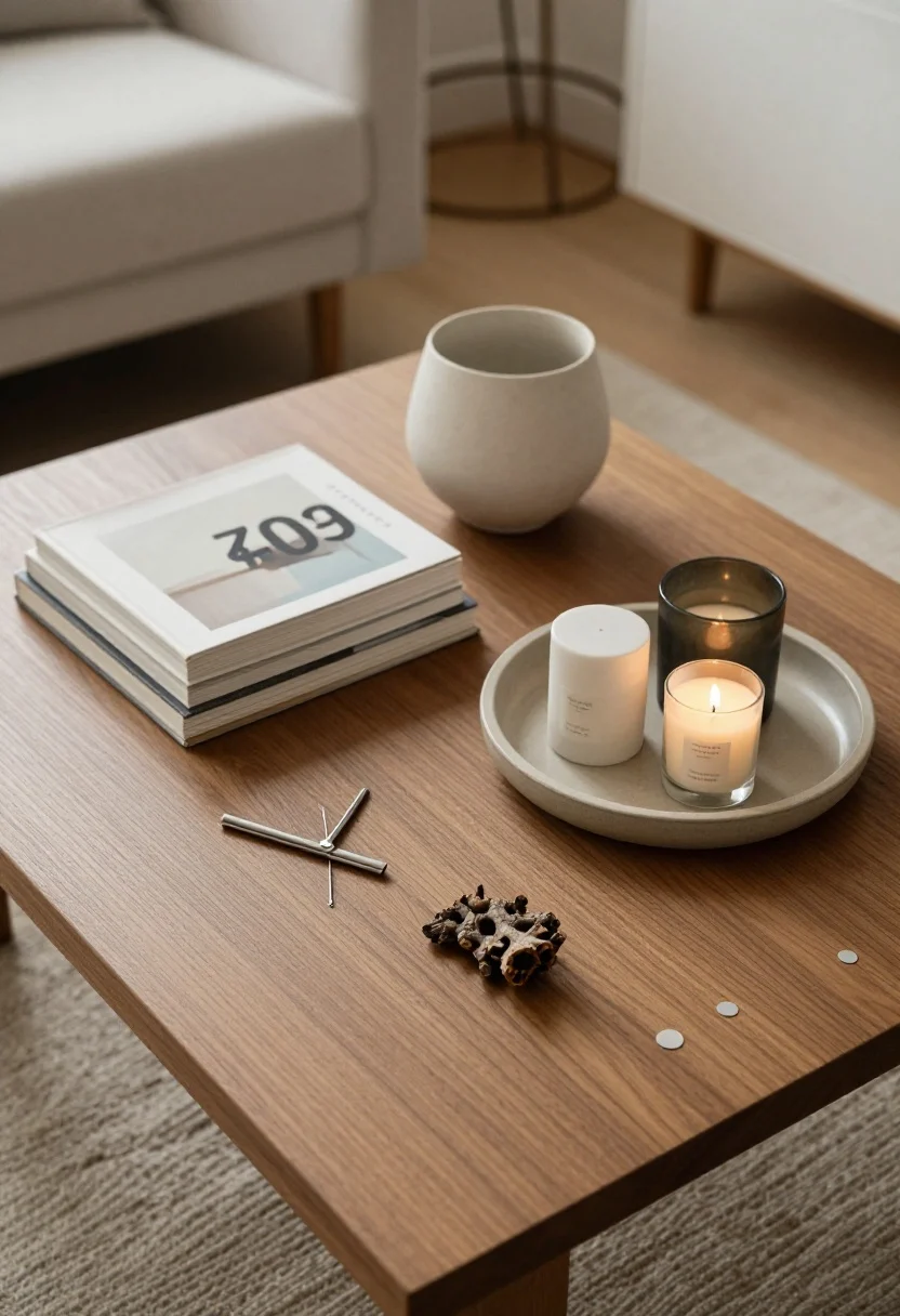 Overhead detail shot of a coffee table styled by the 70/30 rule: 70% of the tabletop clear, 30% arranged—stackable art book, a low ceramic bowl, and a candle grouped in a loose triangle; a small tray corrals items to make them feel intentional; mix of one organic element (a small branch or plant clipping) with two man-made (metal wick trimmer, glass candle); subtle repetition of circles across items; gentle afternoon light.