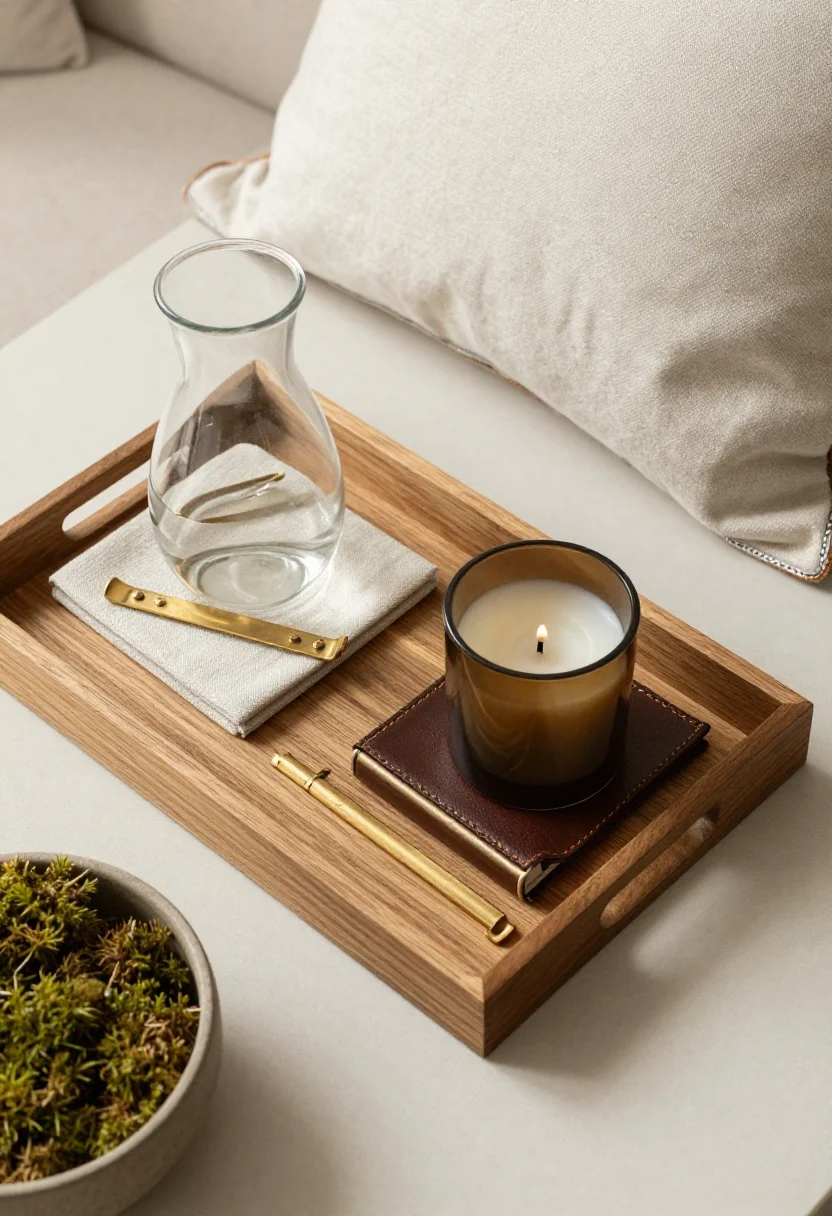 Overhead detail shot of finishing touches on a wood tray: unlacquered brass hardware samples, linen coaster under a small glass carafe, a leather-bound matchbox beside a cedar/vetiver candle in smoked glass; nearby curtain hem with tape trim and a pillow corner showing contrast piping, a low bowl of moss slightly out of focus; understated, textural, warm ambient light, photorealistic, top-down perspective