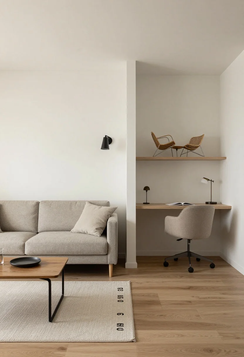 Overhead layout shot illustrating flow: a living room arranged in a U-shape with a loveseat and two compact chairs, maintaining 18 inches to the coffee table and clear 30–36 inch walkways. In the same frame or adjacent vignettes, show a bedroom corner with a small chair placed diagonally across from the bed’s foot under a plug-in sconce, an office nook with a low-back upholstered task chair rolled under a desk, and a tiny balcony with slim metal or teak sling chairs and a petite bistro table. Balanced sight lines and layered lighting, clean and intentional.
