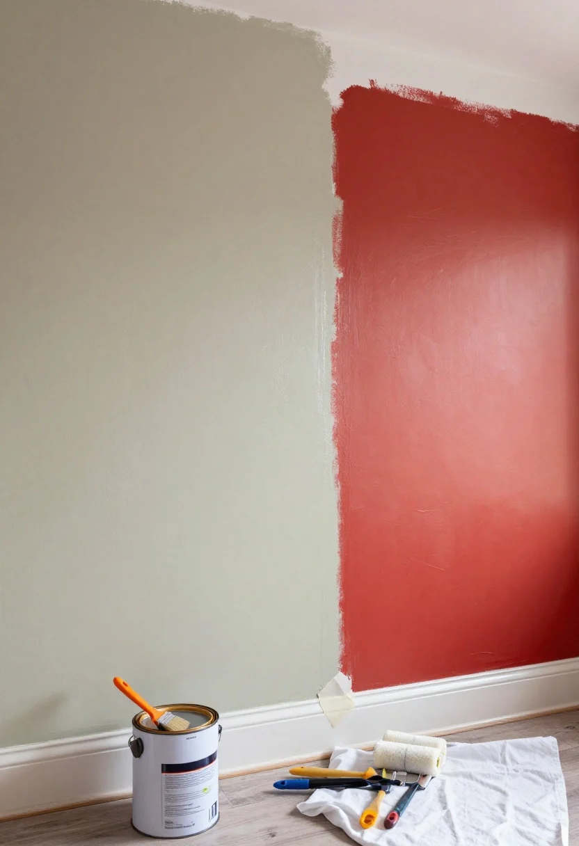 Process-focused medium shot of a partially painted sage accent wall showing finish choices: left area labeled matte/flat (velvety, hides minor wall texture), center eggshell (soft glow), right satin (slightly more reflective); adjacent trim painted in the same sage but in semi-gloss to demonstrate sheen contrast; include a primed patch covering a bold red beneath to show why priming matters; painter’s tape creating crisp edges with one strip being removed while the last coat is slightly wet; tools in scene: primer can, angled sash brush, microfiber rollers, drop cloth; bright neutral lighting for clarity.