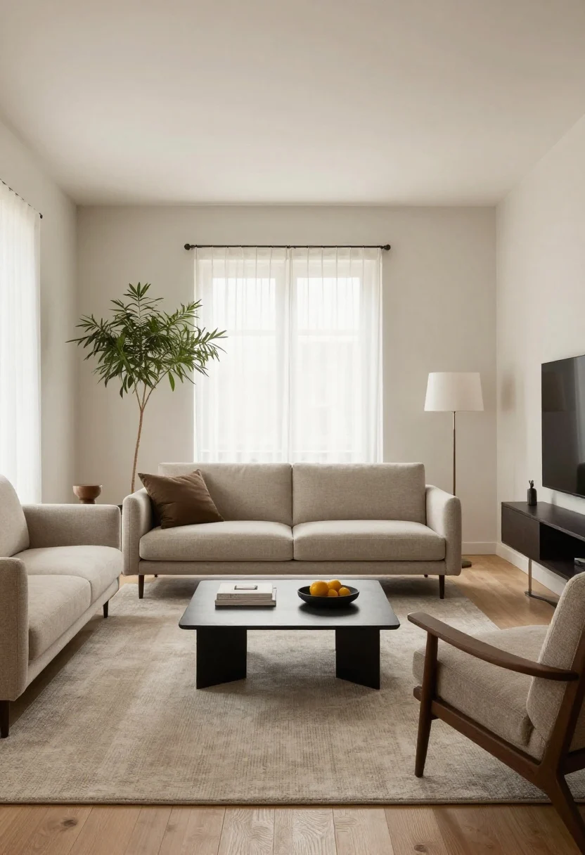 Wide layout-focused scene of a living room that “floats” furniture: sofa pulled off the wall on a large rug, two accent chairs facing the sofa, coffee table centered within easy reach; clear walkway behind seating; a tall plant adding vertical height; side tables placed where elbows would rest; media console opposite the sofa; balanced, breathable spacing; neutral daylight with soft window glow.