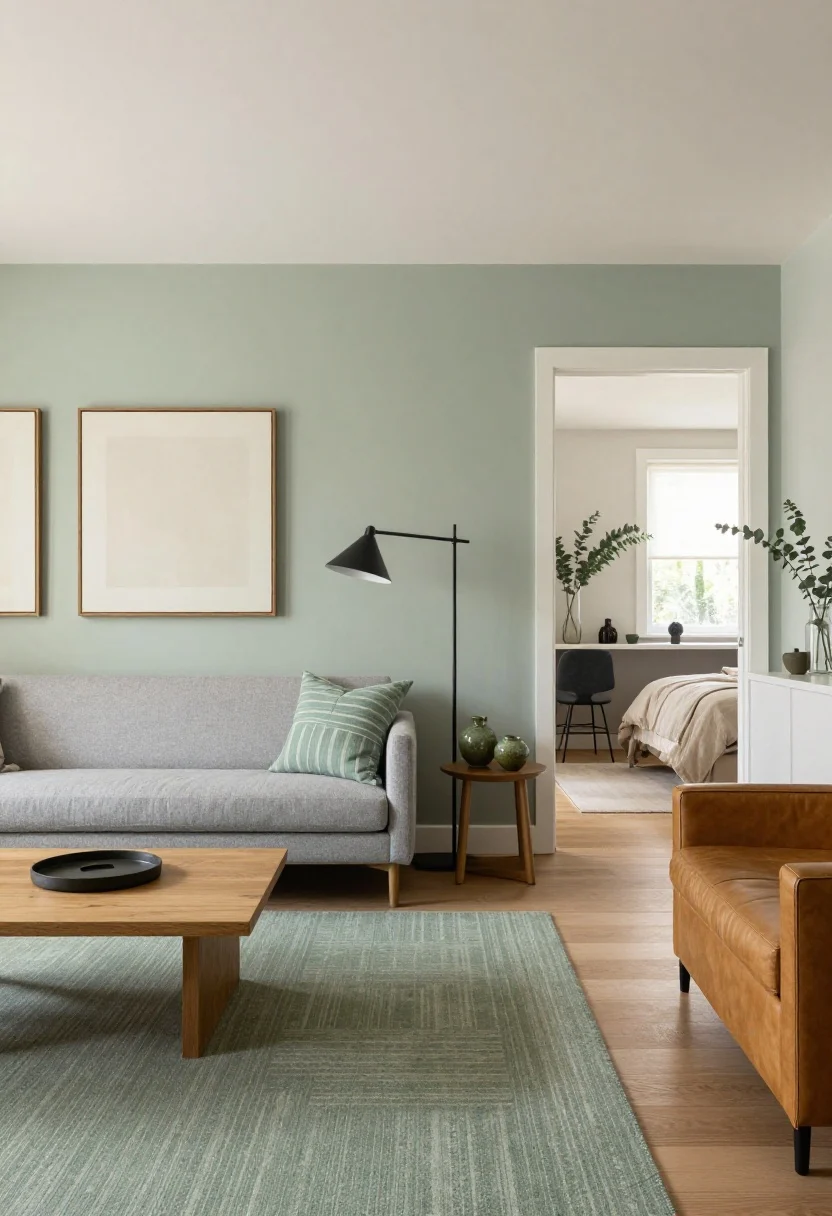 Wide open-plan view tying sage throughout: a living-dining space where one sage accent wall anchors the living zone with a low-profile gray sofa, oak coffee table, black metal floor lamp, oversized neutral art; subtle echoes at 30–40% intensity—sage-striped throw on a chair in the dining area, a eucalyptus stem arrangement on the kitchen counter, mossy glazed ceramics on the entry console, and a rug with faint green threads; include a cozy bedroom doorway glimpse with ivory linen and a caramel leather bench hinting cohesion; daylight, calm, cohesive flow from zone to zone, corner-angle perspective.
