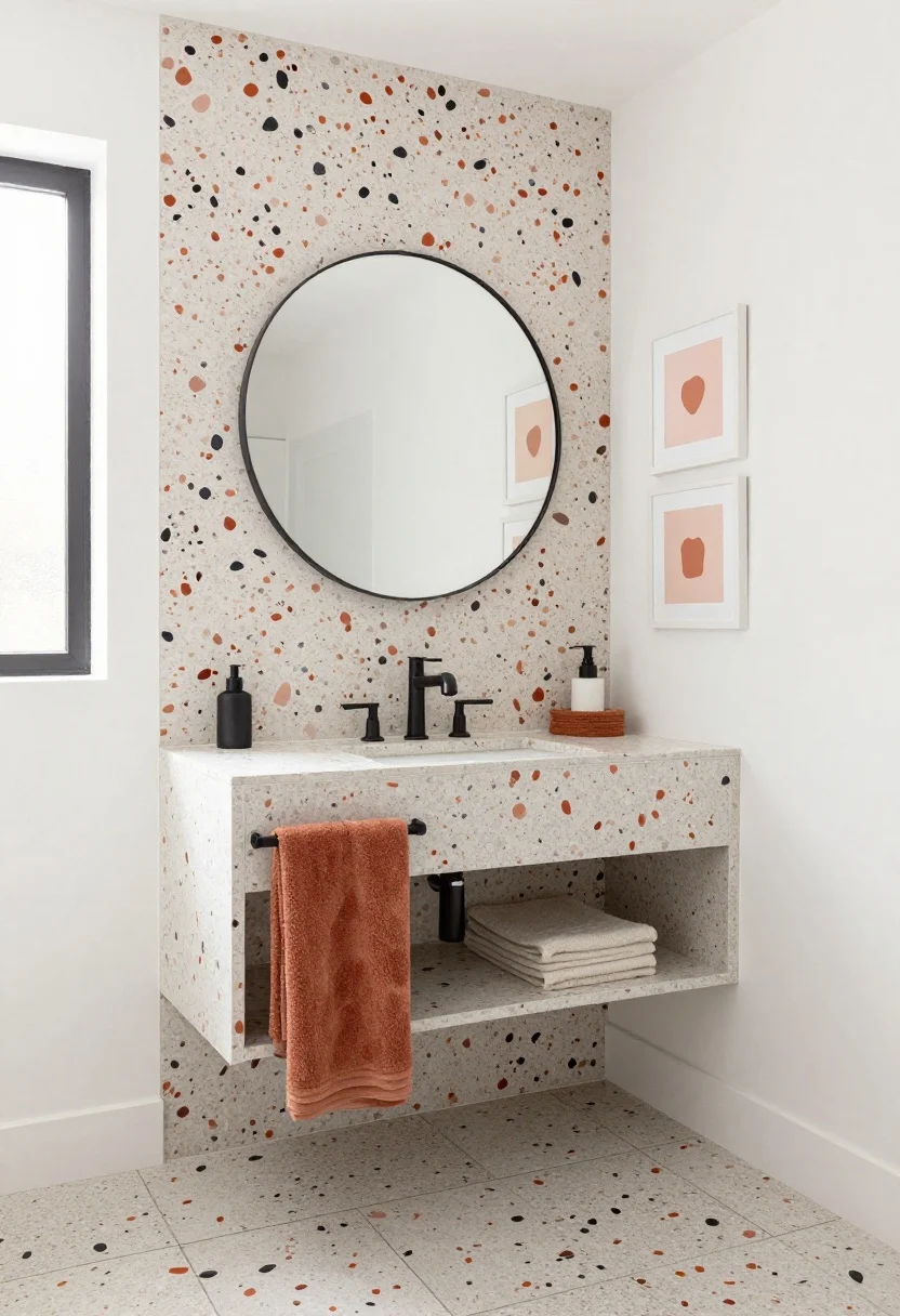 Wide shot: A modern bathroom with a single terrazzo statement wall behind a floating vanity and round mirror, the other three walls painted warm white to avoid overwhelm. The terrazzo features medium-to-large multicolor chips in terracotta, blush, and charcoal with matching grout for a seamless look. Coordinated accents echo the palette: terracotta hand towels, blush framed art, matte black hardware. Soft, even daylight from a frosted window; clean lines, boutique-hotel vibe, no people.