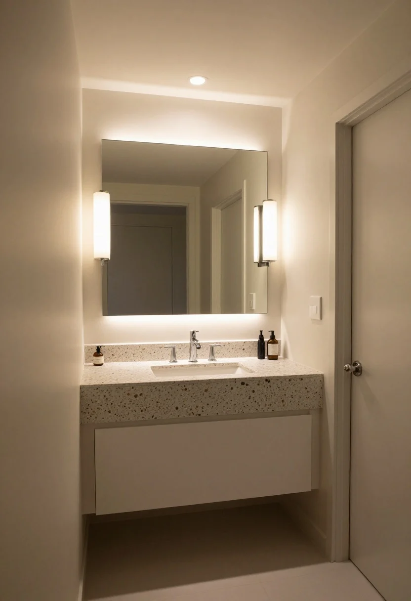 Wide shot: Layered bathroom lighting that makes terrazzo sparkle—ambient glow from a low-profile ceiling fixture with warm 2700–3000K LEDs, task lighting from two damp-rated sconces at eye level flanking a mirror, and an LED strip under a floating vanity casting a boutique-style accent glow. Terrazzo wall and vanity top subtly catching and bouncing light. All lights on dimmers (visible dimmer switch near the door). Clean, photorealistic scene, straight-on view, no people.