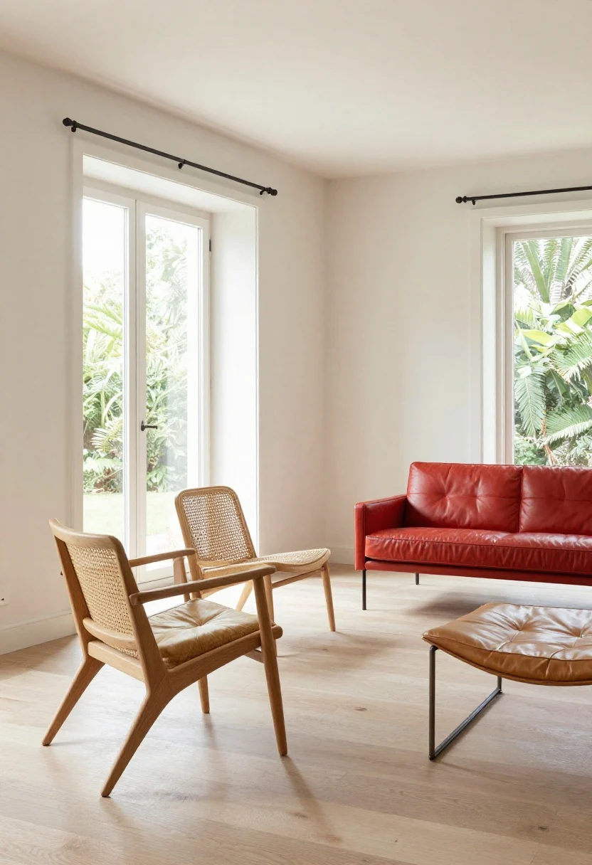 Wide shot of a bright living room using light-on-the-eyes materials: a cane-back lounge chair with slim, leggy wood frame; a rattan accent chair; and a slim-arm leather chair with metal base. Light neutrals dominate, with one bold accent chair in a saturated color as a focal point. Natural daylight streams under elevated frames to emphasize visual airiness; reflective leather and performance velvet throw pillow subtly catch the light. Straight-on composition highlighting open weave, slim legs, and airy silhouettes.