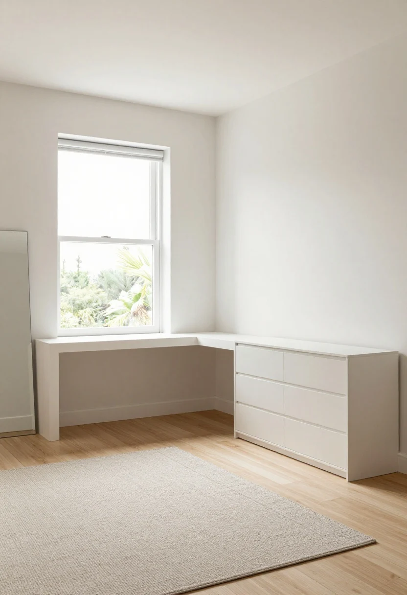 Wide shot of a small room visually expanded per FAQ: light base palette on walls and floor, low-profile furniture, one large rug unifying zones; a mirror placed opposite a window to bounce natural light; 70% of dresser and desk surfaces left clear; minimal decor to reduce visual noise; clean lines and airy feel; bright daylight enhancing spaciousness.