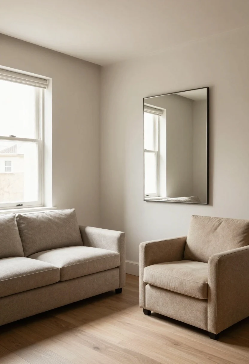 Wide shot of a small studio living area: two armless slipper chairs in soft bouclé or upholstered fabric, medium-firm cushions with slightly angled backs, floating beneath a window across from a compact loveseat to form a conversation zone. One additional armless chair sits in an entryway under a wall mirror. Neutral palette with a bold accent chair in a mid-tone color for variety. Corner angle perspective with morning light, showing how the armless forms sneak into tight corners and under windows without bulk.