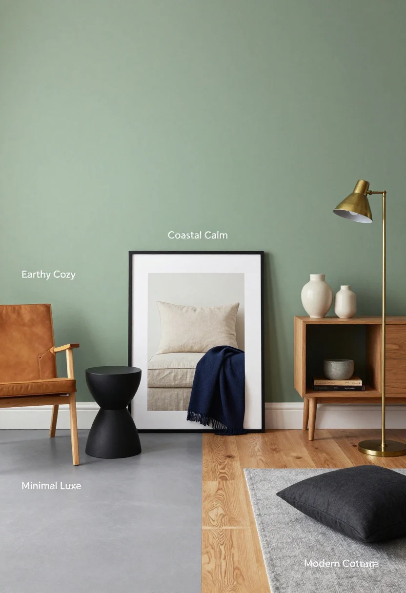 Wide shot of a styled vignette showcasing palettes: one sage green accent wall with layered decor zones across it—left zone “Earthy Cozy” (warm white trim, camel leather chair, matte black side table), center zone “Coastal Calm” (crisp white frame art, sandy beige linen ottoman, soft navy throw), right zone “Modern Cottage” (cream ceramics, oak console, aged brass table lamp), and a small “Minimal Luxe” corner (greige rug, charcoal cushion, brushed nickel floor lamp); flooring split subtly to show cool gray on one side and warm oak on the other, with cooler sage near gray floor and warmer sage near oak; soft even daylight, photorealistic.