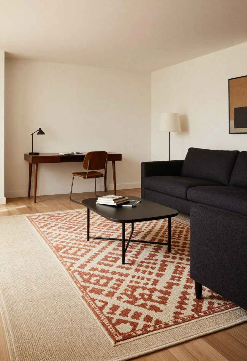 Wide shot of an open-concept living area defined by rugs: a large neutral flatweave area rug anchors a dark charcoal sofa and nesting coffee tables, while a smaller patterned rug (geometric, muted terracotta and cream) clearly zones a reading/gaming nook with a mid-century desk; rug edges align with front furniture legs; contrasting tones (light rugs under dark seating, patterned under plain chair); two floor lamps placed to anchor each zone; clean lines, no walls dividing spaces; soft warm ambient daylight.