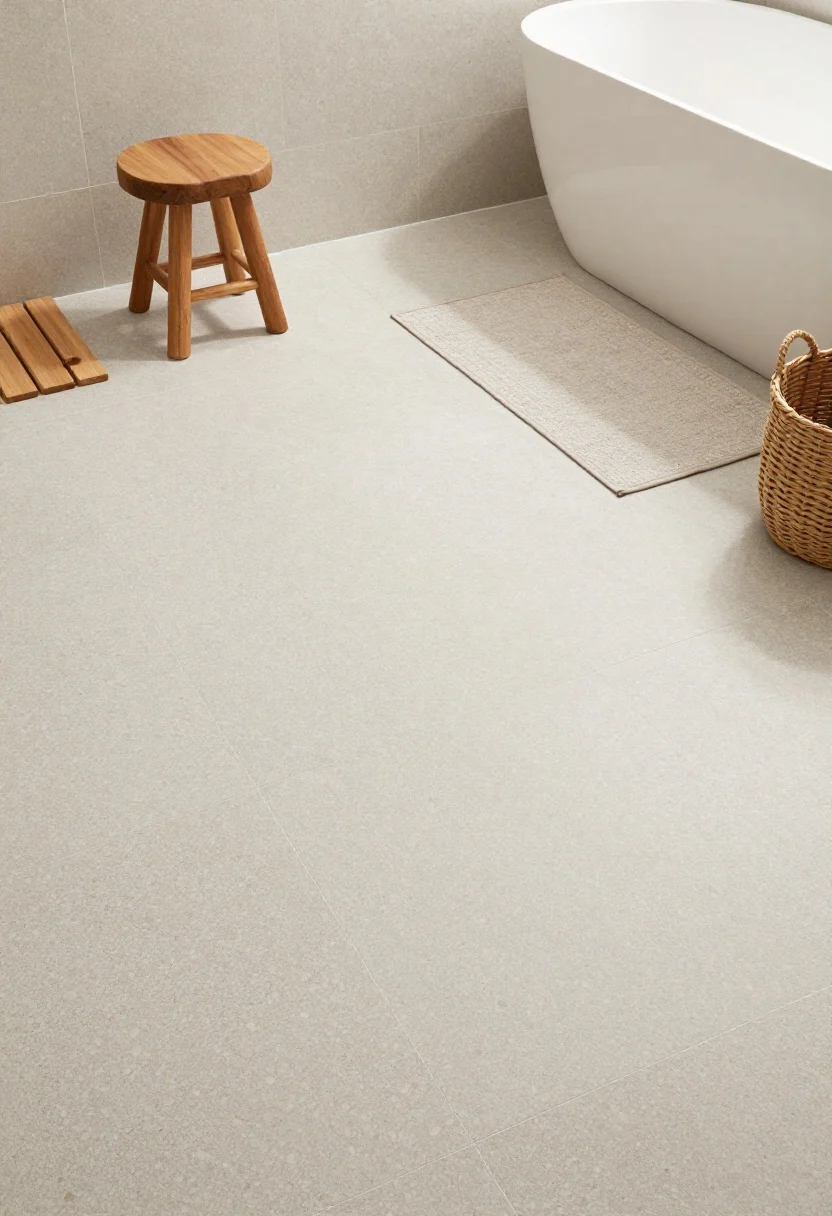 Wide shot: Spa-like bathroom showcasing matte-finish terrazzo-look porcelain floors in large-format tiles for minimal grout lines. Neutral chip mix in gray, cream, and charcoal; a teak bath mat and a small natural wood stool warm up the cool palette. A woven basket sits near the tub; a neutral bath rug sized to leave at least 6 inches of terrazzo visible around each side. Soft ambient lighting, clean and seamless look, viewed from a corner angle to emphasize the expansive flooring.
