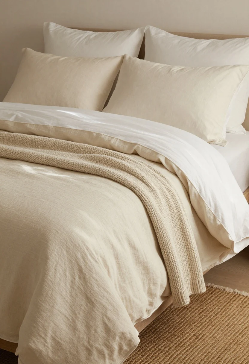 Closeup detail shot of a neatly made apartment bed showcasing layered textures: breathable white percale sheets, a natural linen duvet in soft cream, a chunky knit throw folded at the foot, and two oversized cream Euro shams creating a faux headboard effect; add a tonal palette of creams and tans, include a woven jute runner rug peeking beside the bed; soft, warm morning light grazes the fabrics to highlight matte vs sheen and chunky vs smooth contrasts; no people, photorealistic.