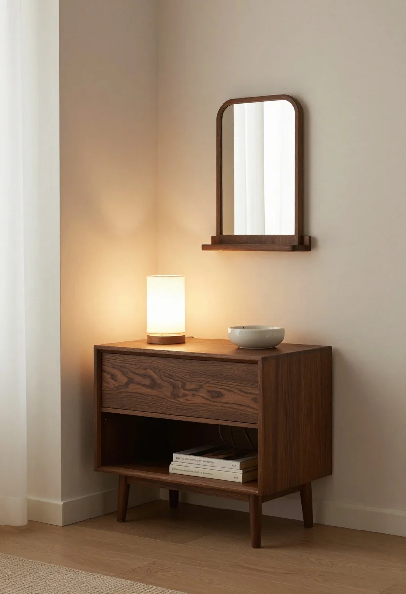 Corner-angle medium shot focusing on small-space nightstands that work: a narrow, wall-mounted floating nightstand with a closed drawer and open shelf; styled in threes—compact linen-shade lamp, a petite ceramic catchall tray, and one book; visible cord organizers keep cables hidden; a small mirror hung above the floating shelf reflects light to expand space; calm, clutter-free look with warm ambient glow; no people, photorealistic.