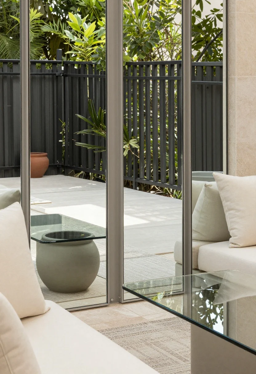 Detail closeup: Reflective and pale elements used outdoors—a narrow vertical mirror panel mounted on a fence, slightly angled to reflect surrounding foliage (not direct sun), a glass tabletop that visually disappears to reveal a light-toned outdoor rug beneath, and cream-colored cushions on nearby seating. Surfaces are pale, matte decking and soft stone tones, with a single accent in sage or terracotta via a ceramic planter. Soft, diffused daylight, crisp reflections without glare; photorealistic, no people.