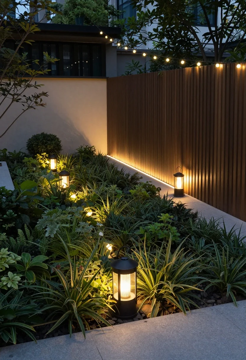 Evening medium shot: Boutique-style layered outdoor lighting in a compact patio—short shielded path lights grazing low plants, warm wall-washer sconces stretching a fence, a single taut diagonal line of dimmable string lights visually widening the space, and a rechargeable tabletop lantern casting a soft glow. Warm color temperature (2700–3000K) enhances greenery and materials. No harsh floodlights; intimate, cozy mood with subtle shadows; photorealistic, no people.