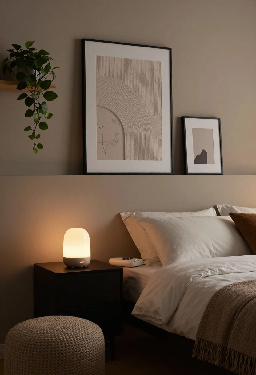 Medium detail shot capturing sensory finishing touches on and around the bed: a small matte-ceramic essential oil diffuser with a soft timer glow on the nightstand, a compact white-noise machine nearby, a three-piece art story above the bed (one larger neutral-textured piece centered, two smaller simple-framed pieces stacked to the side), a plush runner at the bedside, a bouclé pouf at the foot, and a trailing pothos on a shelf; warm, dim evening lighting suggesting a restful ritual; no people, photorealistic.