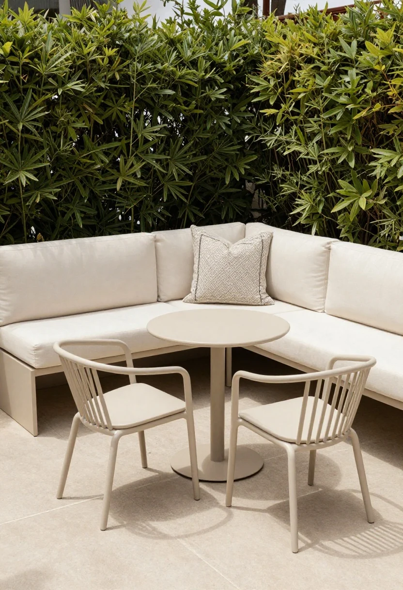 Medium shot, corner angle: A petite patio furnished with space-savvy pieces—an armless modular outdoor loveseat with light, solid cushions (soft cream), a small round bistro table, two petite cafe chairs, and nesting side tables in a powder-coated light metal. A wall-hugging built-in bench along the fence maximizes seating. Keep bases open and profiles slim so you can see under and around. One patterned throw pillow only; calm, airy mood with bright natural daylight; photorealistic, no people.