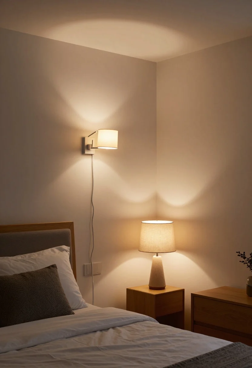 Medium shot of a small bedroom corner featuring the lighting trifecta: a shaded flush-mount ceiling fixture on a dimmer casting warm 2700K light, matching plug-in swing-arm wall sconces flanking the bed for task lighting, and a linen-shade table lamp on a dresser as accent; include dimmable LED bulbs visible through warm glow, a discreet stick-on motion light under the bed creating a subtle toe-kick halo; show cords neatly managed; evening ambiance with cozy, glare-free illumination; no people, photorealistic.