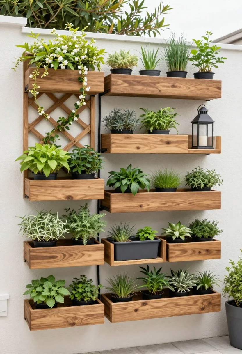 Medium shot, straight-on: A compact patio wall transformed into vertical gardening—modular living-wall panels planted with two to three drought-tolerant species, a cedar trellis with jasmine winding upward, and staggered outdoor shelves holding small planters, herbs, and a metal lantern. Include a discreet black drip irrigation line feeding the vertical system. Keep the plant palette tight and curated; textures of cedar, matte black hardware, and lush green foliage. Soft, even daylight; photorealistic, no people.