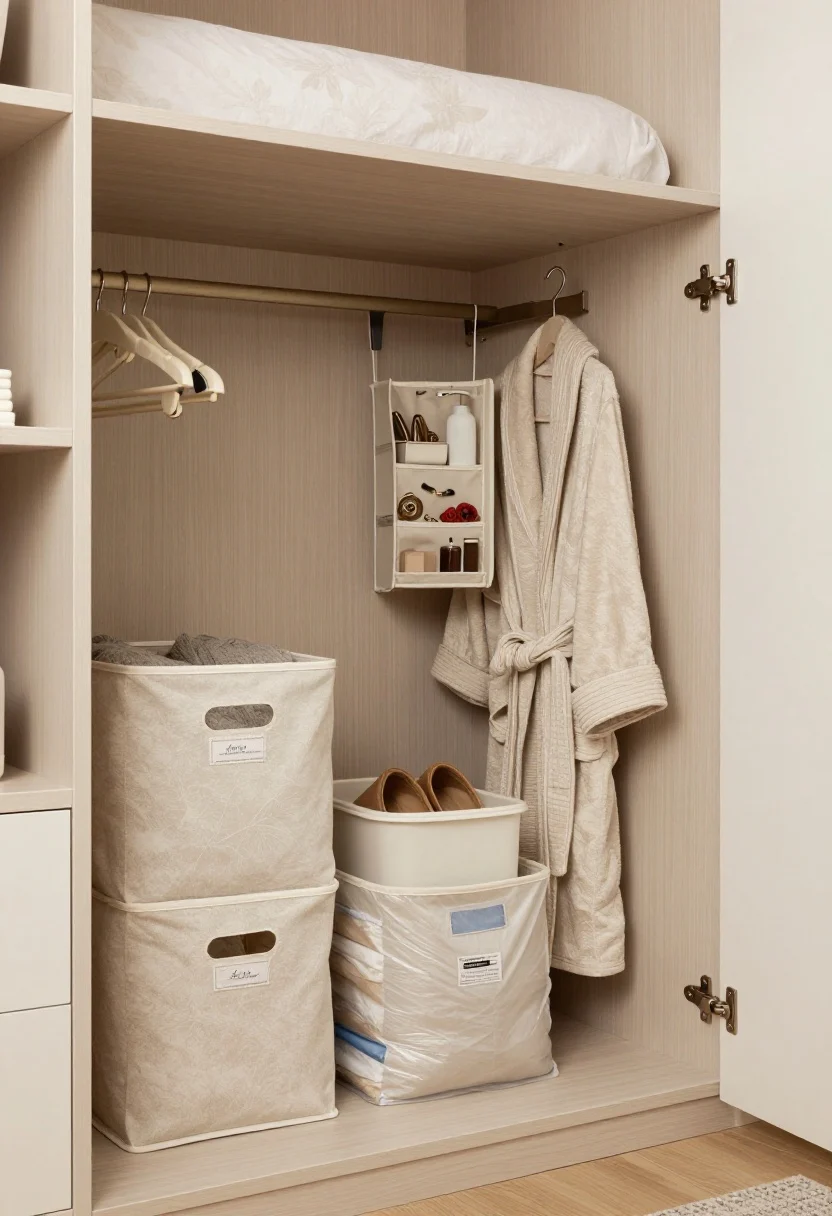 Overhead detail shot of cozy storage solutions under the bed and behind a door: under-bed zone organized with soft fabric bins labeled for sweaters, rigid low-profile boxes for shoes, and a partially filled vacuum-seal bag for bulky bedding; back-of-door setup shows hooks holding a robe, a slim lidded hamper nearby, and an over-the-door hanging organizer for accessories; palette of calm neutrals with matching hangers glimpsed in an open closet; clean, serene mood; no people, photorealistic.