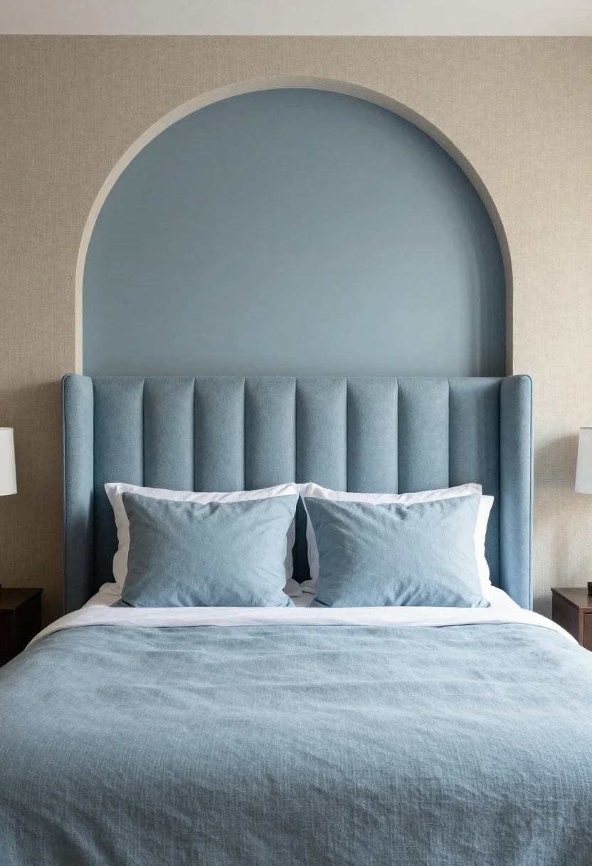 Straight-on medium shot of a bed framed by headboard magic: a tall, channel-tufted upholstered headboard in bouclé or linen drawing the eye upward, set against a painted color-block arch in a desaturated dusk blue; extra-tall Euro pillows lend softness; optional fabric wall panels wrapped in textured eucalyptus-toned linen flank the bed; minimal styling to emphasize soft walls and verticality; soft, warm side lighting from sconces; no people, photorealistic.