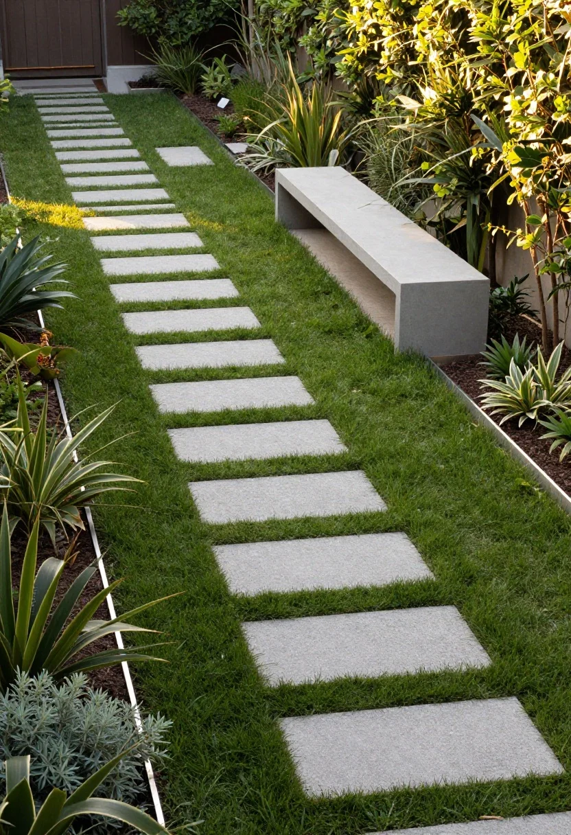 Wide overhead angle: A narrow backyard elongated by a strong visual runway—rectangular light-gray concrete pavers set in linear rows with grass joints running the full length. Some pavers rotate on a diagonal near the start to cheat dimension. Low plantings flank the path to preserve sightlines, and a slim modern bench at the far end acts as the focal point. Discreet steel edging keeps lines clean; add low landscape lighting along the path for subtle rhythm. Late golden-hour lighting stretching the space; photorealistic, no people.