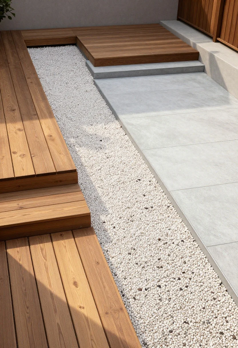 Wide shot: A small modern backyard with subtle elevation changes—an ultra-low wood deck leading down one slim step to a pea-gravel patio, and a narrow raised steel-edged planter along the side. Contrasting textures of warm wood, pale pea gravel, and smooth light-gray concrete pavers define separate zones for dining and lounging. Sleek, thin step profiles and narrow steel edging keep lines crisp. Late-afternoon natural light with soft shadows enhances depth; no people, photorealistic, corner angle showing multiple levels.