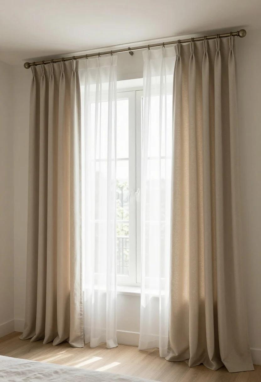 Wide shot of apartment bedroom windows dressed for dreamy mornings: double curtain rods mounted high near the ceiling with layered window treatments—airy white light-filtering sheers closest to the glass and neutral blackout curtain panels in soft beige on the front; rod extends wider than the window so panels stack off the glass, making the window feel larger; slight “kiss” of fabric on the floor, coordinated metal rod finish with room hardware; gentle daylight filtering through for a glowy atmosphere; no people, photorealistic.