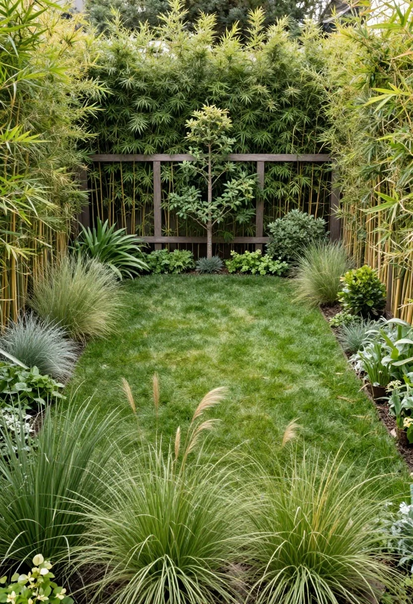 Wide shot, straight-on: A small yard planted by perimeter only—tall evergreens or slim bamboo clumps anchor corners, medium shrubs run mid-fence, and low perennials and ornamental grasses create a soft front layer. The center of the yard is open, ready for dining or lounging. Include an espaliered tree on a simple frame along the fence for elegant privacy. Light, airy textures dominate; repetition of 3–5 plant varieties for cohesion. Soft morning light, gentle movement in grasses; photorealistic, no people.