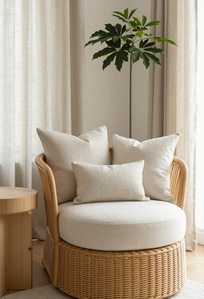 A closeup detail of airy layering and materials: a rattan accent chair beside an oval ottoman, light linen curtains in the background, pale wood side table, two larger textured pillow covers (tone-on-tone neutrals) on a sofa edge, and a tall, slender plant in a slim planter rising behind; mix of shiny, matte, and natural finishes grouped by height (tall/medium/low), soft natural light, photorealistic