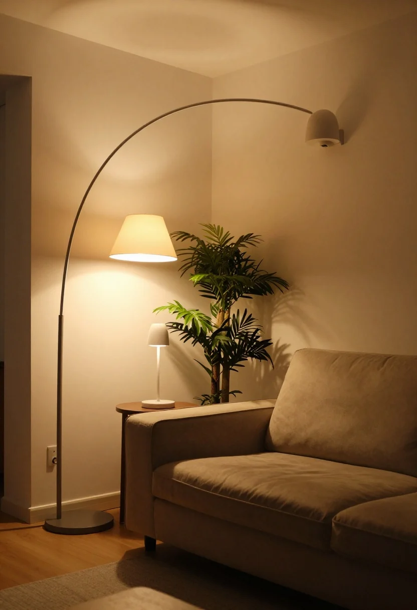 A medium corner angle of layered lighting in a small living room at dusk: warm-white bulbs (2700K–3000K) throughout, an arc floor lamp casting soft ambient light, a plug-in sconce on the wall, a slim table lamp for task lighting beside a sofa, and a tiny uplight hidden behind a leafy plant erasing a dark corner; dimmable glow, cozy and even illumination, no overhead glare, photorealistic