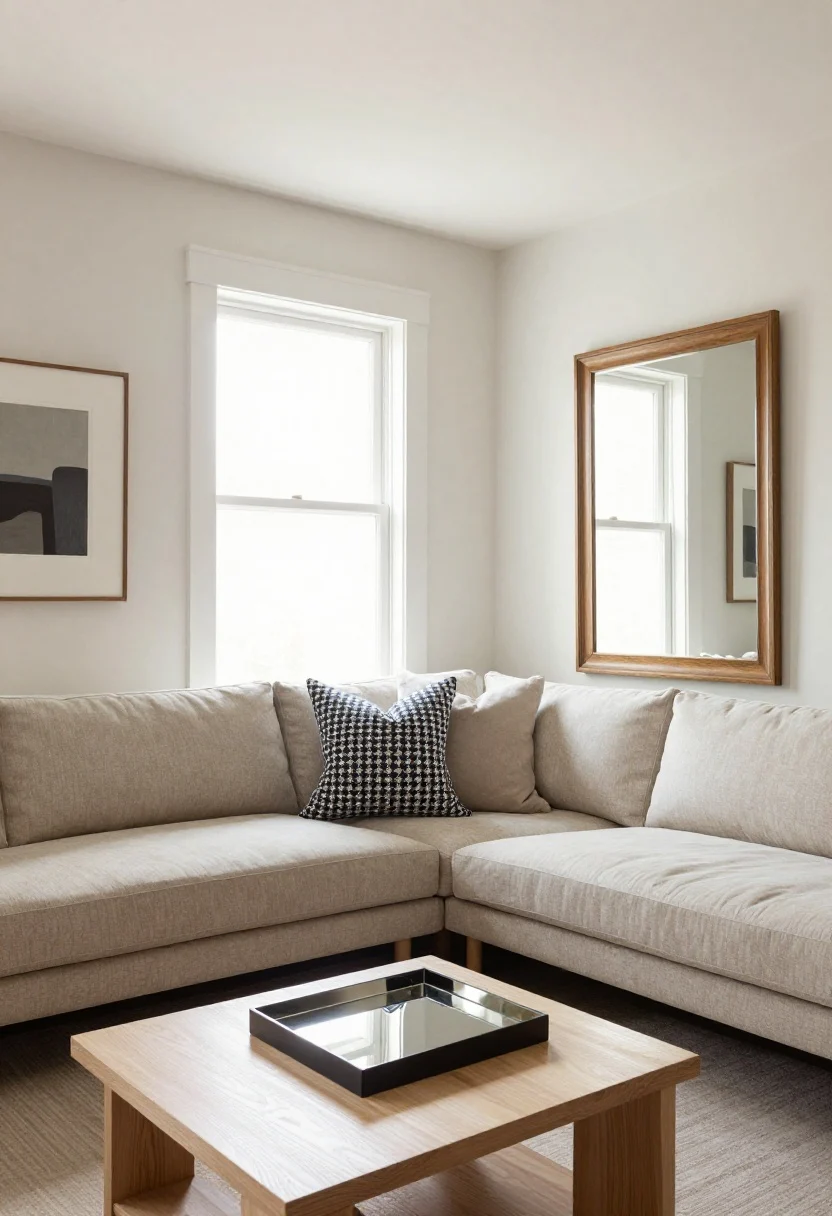 A medium shot highlighting color, pattern, and mirrors: soft white or pale greige walls, tone-on-tone big pieces (sand-toned sofa, oat-colored rug, pale wood accents), one bold patterned element limited to a single chair or a pillow set, and a large wall mirror placed opposite a window to bounce daylight deeper into the room; add a mirrored tray on the coffee table reflecting light; calm, balanced contrast, photorealistic