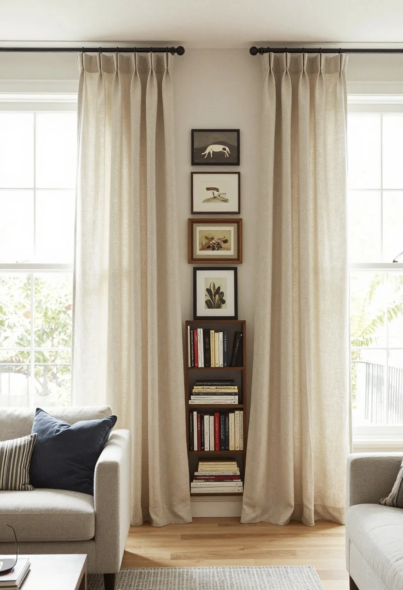 A straight-on view emphasizing verticality: high-and-wide curtain rods mounted 4–6 inches above the window and extending 8–12 inches beyond each side, extra-long linen curtain panels skimming the floor, a tall slim bookcase flanking the sofa, and a stacked column of framed art that climbs rather than sprawls; a bit of negative space above the tallest piece to keep it airy; bright natural light, photorealistic