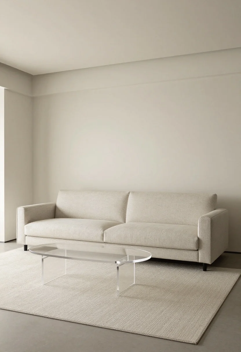 A wide room shot showcasing right-sized furniture: a low-profile, tight-back apartment sofa with visible legs, an oversized area rug large enough for front legs of furniture to rest on it, a clear acrylic oval coffee table that visually disappears, one armless accent chair, and fewer overall pieces; clean lines, calm layout, neutral mid-tone palette with soft daylight bouncing around, photorealistic