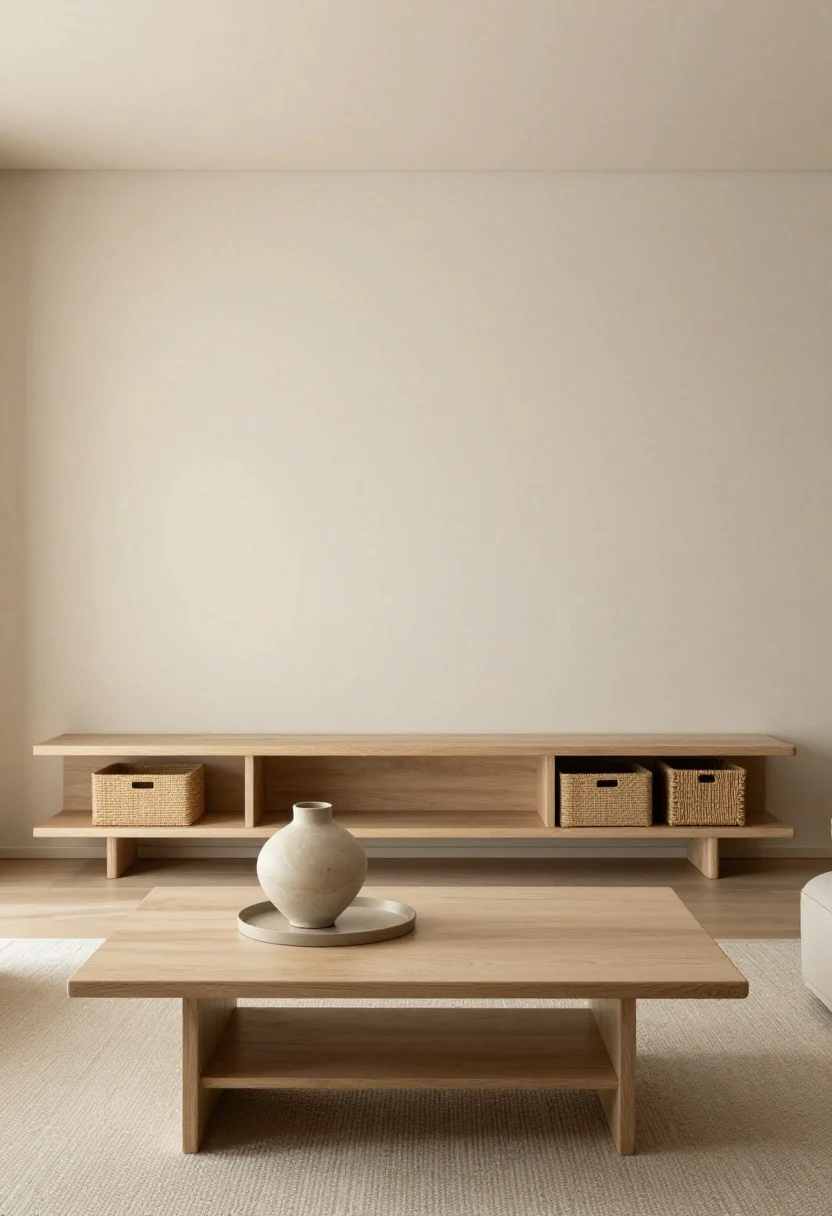 A wide, straight-on shot of a compact living room freshly edited: clear coffee table with a single sculptural ceramic vase on a slim stacked tray set, slim console with drawers along one wall, woven lidded baskets tucked neatly underneath, low-profile furniture with visible legs to “float the floor,” concealed storage ottoman beside the sofa; creamy neutral walls, warm natural daylight, minimal decor, clean sightlines, photorealistic