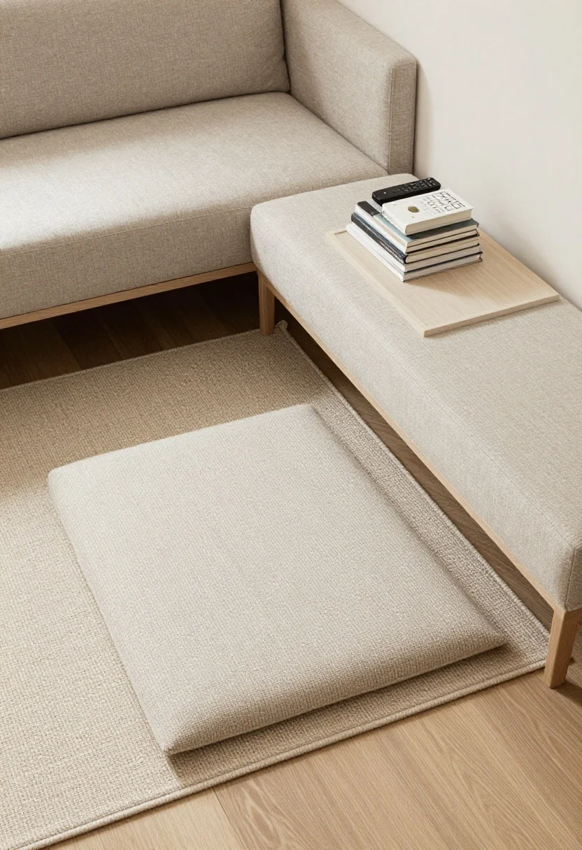 An overhead detail shot of zoning without clutter: one main rug anchoring the seating area, a small flatweave rug under a reading chair creating a mini nook, a narrow open-back console behind the sofa defining space while letting light pass through, and a tray corralling remotes with a neat stack of books forming a tiny “station”; clear pathways implied, neutral textures, photorealistic
