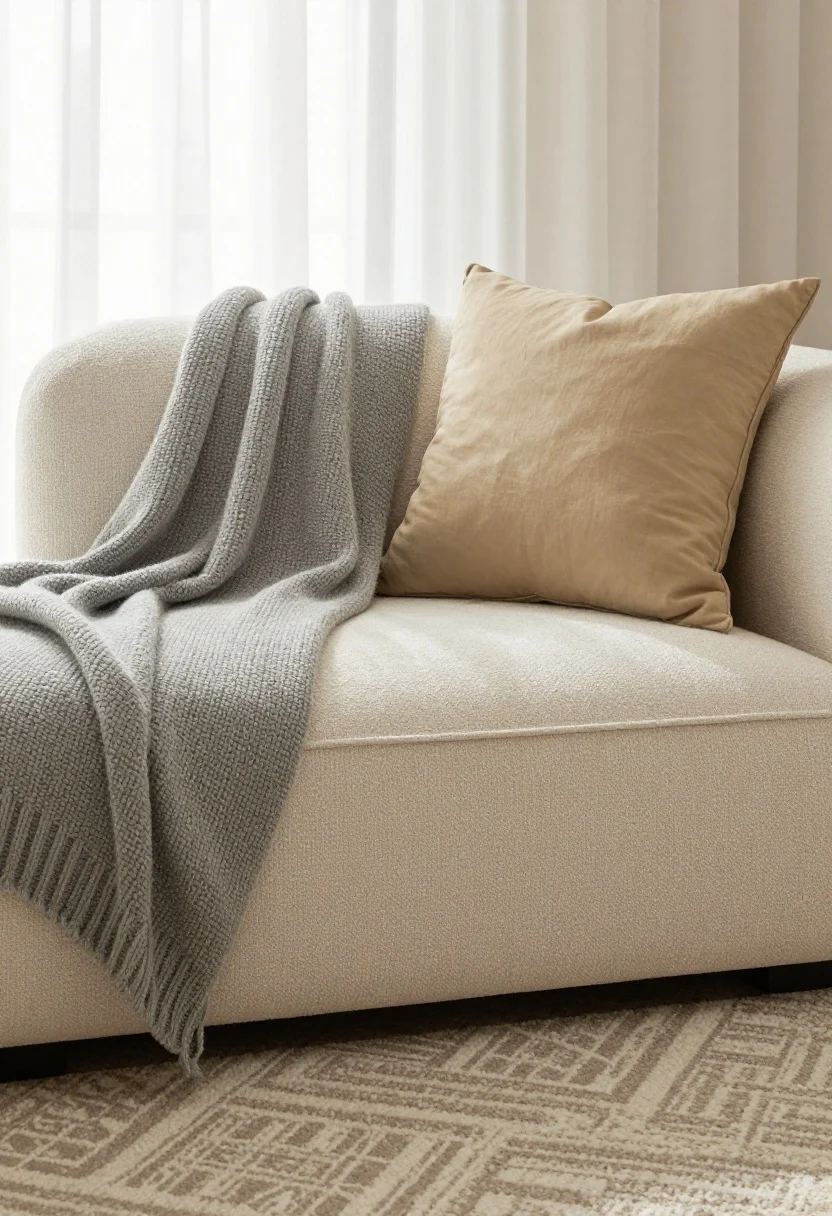Closeup texture study: Layered textiles on a chair—plush seat cushion, chunky knit throw in soft gray, smooth linen pillow in sand—showing the nubby, smooth, and plush trio. Include the softest texture where the body meets the seat, a patterned low-pile rug beneath in subtle geometric taupe/cream, and sheer white curtains diffusing daylight at the window edge. Tight, cohesive palette (two to three colors), tactile detail emphasized; no people, photorealistic.