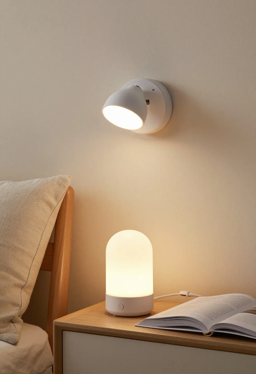 Detail/closeup lighting vignette: A plug-in wall sconce with warm white 2700–3000K glow positioned slightly behind and to the side of a chair, paired with a petite rechargeable LED table lamp casting a secondary ambient glow. Include a clip-on lamp attached to a nearby shelf, and a smart bulb controlled by a small dimmer switch on the cord. Show light falloff on an open book and linen pillow, with evening mood and minimal glare; no people, photorealistic.