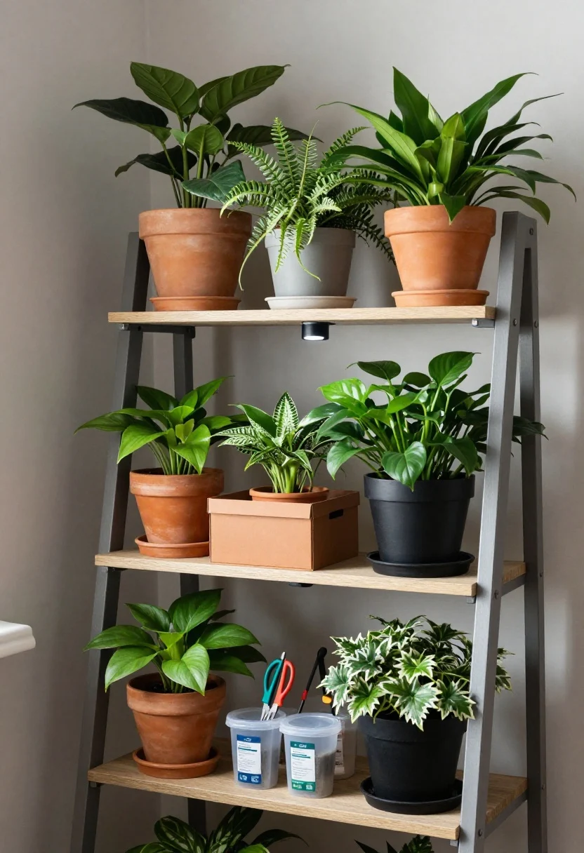 Detail-to-medium corner view of a vertical plant library on a ladder shelf/tiered corner stand: bright-needing plants placed high, low-light varieties like ZZ and pothos on lower tiers; lidded storage boxes discreetly tucked in negative spaces, sealed moisture-proof containers on the lowest shelf with shears and plant food; drip trays and coasters under pots; include a subtle clip-on grow light hanging from the underside of an upper shelf for a moody corner boost; mix of terracotta and matte black pots, soft directional light with gentle highlights on leaves and textures