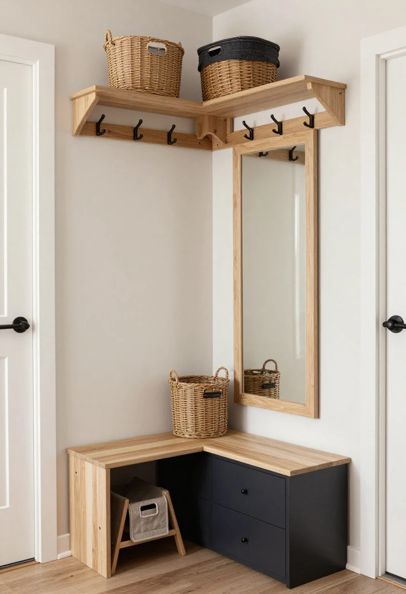 Medium, angled shot of an under-the-stairs corner cubby transformed into a micro mudroom: slim bench at 12–14 inch depth, wall rail with staggered high hooks for coats and totes, low slim shoe drawers, and a vertical mirror reflecting light; labeled lidded baskets assigned per person on the bench or shelf, a washable runner grounding the space; apartment-friendly variant shows a stackable slim cabinet, two rows of hooks, and a foldable stool tucked under; neutral finishes with matte black hooks and light oak tones, bright hallway lighting, clutter-free and photorealistic