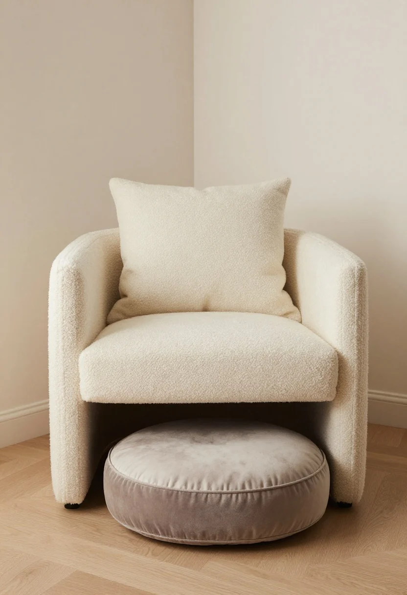 Medium shot: A compact armless slipper chair in creamy bouclé with an 18–22 inch seat depth, paired with a small round velvet pouf that doubles as hidden storage; a thick floor cushion layered beneath with a lumbar pillow in a cotton-linen blend. Add a structured backrest pillow on the chair for extra support, soft warm ambient light, and a tight neutral palette (cream, taupe, charcoal). Emphasize low-profile but lounge-worthy seating in a tight corner; no people, photorealistic.